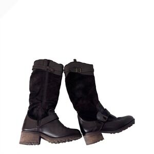 Fabianelli Tall Leather Suede Riding Boots Women 36 Brown Buckle Lug Sole Chic